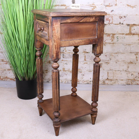 Rustic wooden toyani square tall display table with a single drawer and turned legs in warm brown finish