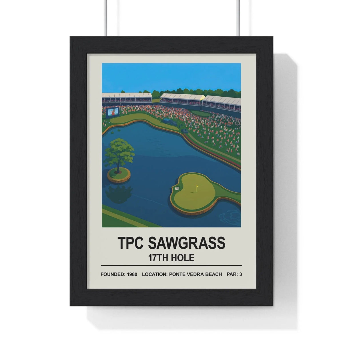 Black-framed poster of tpc sawgrass 17th hole print with vibrant greens and blues highlighting sawgrass 17th hole water hazard