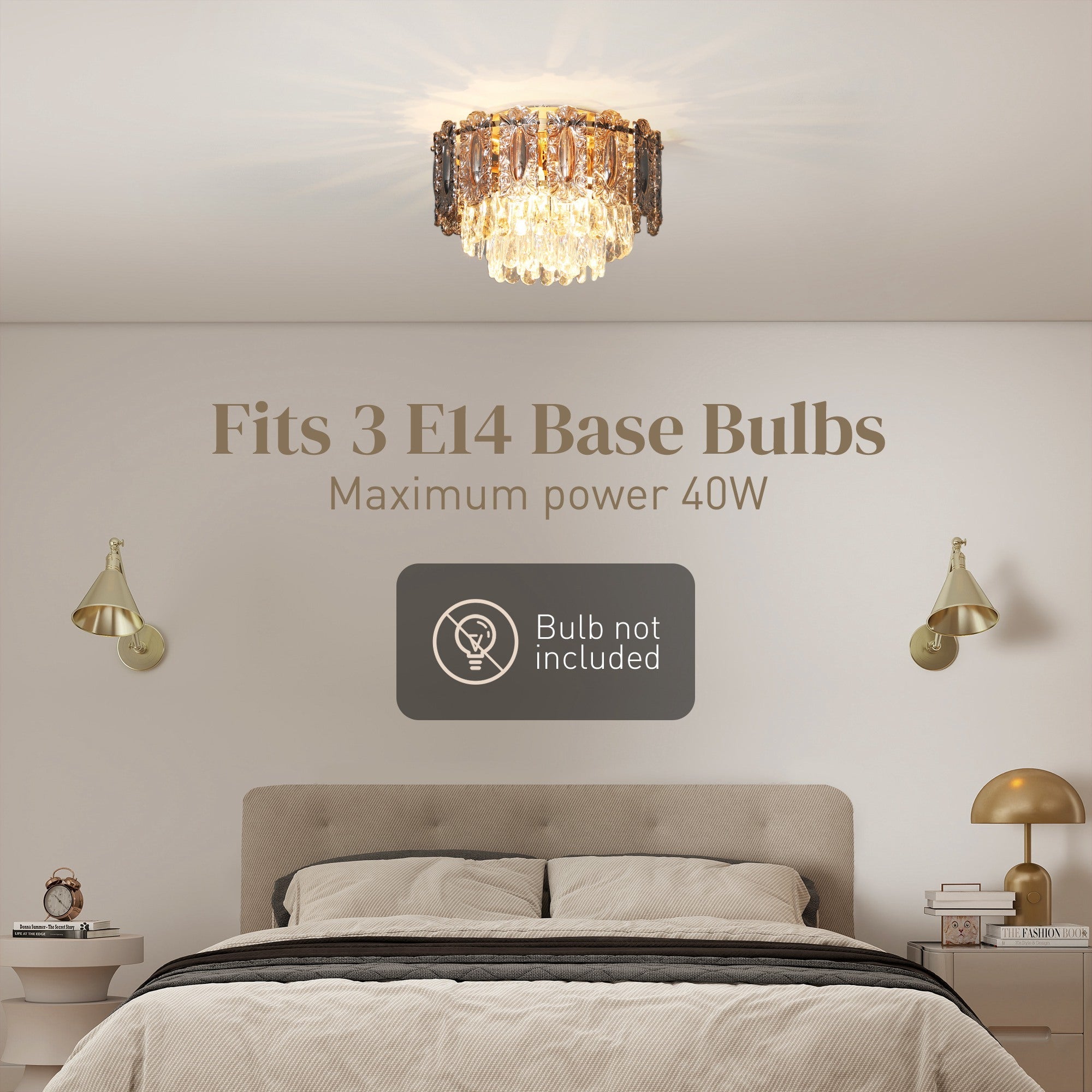 HOMCOM Chandelier Ceiling Light, 3-Light Flush Mount Fixture with Dual Crystal and Smoke Glass Shade, 40 cm LED Ceiling Light for Living Room Bedroom, 3 E14 Sockets, Bulbs Not Included, Gold Tone