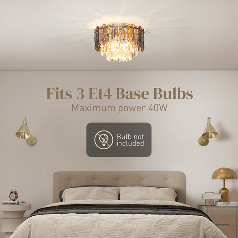 HOMCOM Chandelier Ceiling Light, 3-Light Flush Mount Fixture with Dual Crystal and Smoke Glass Shade, 40 cm LED Ceiling Light for Living Room Bedroom, 3 E14 Sockets, Bulbs Not Included, Gold Tone