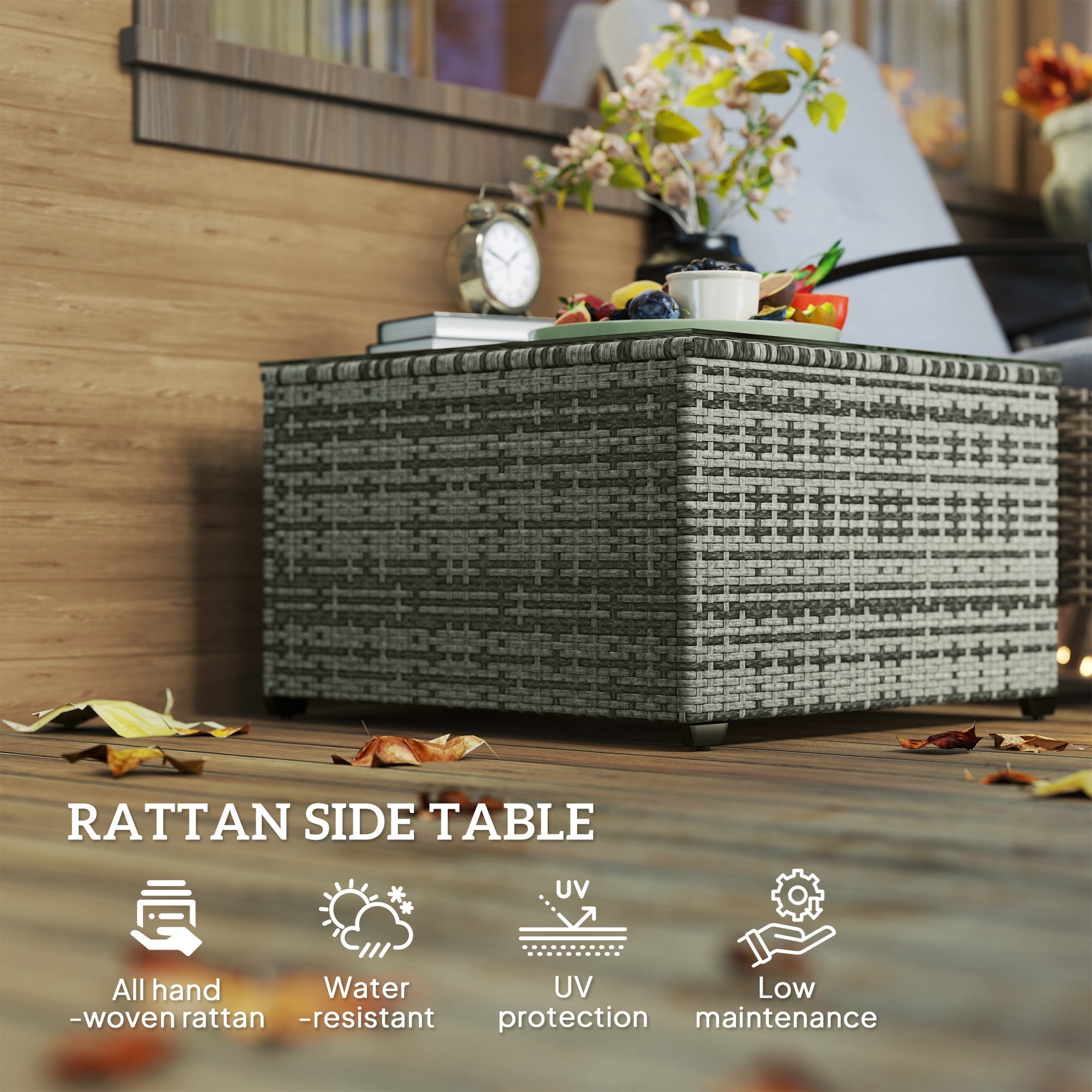 Outsunny 62 x 62cm Glass-Top Rattan Side Table - Light Grey