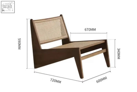 Dark wood tracyh lounge chair with woven cane back and seat featuring clean lines and minimalist design