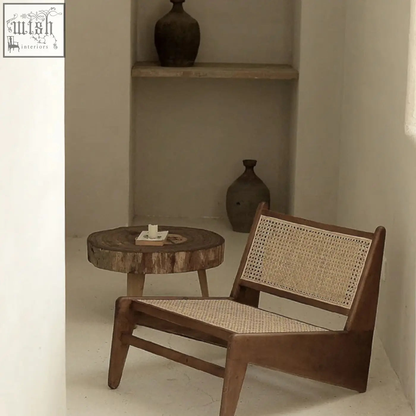 Minimalist tracyh lounge chair with wooden frame and woven rattan seat and backrest perfect as a lounge chair