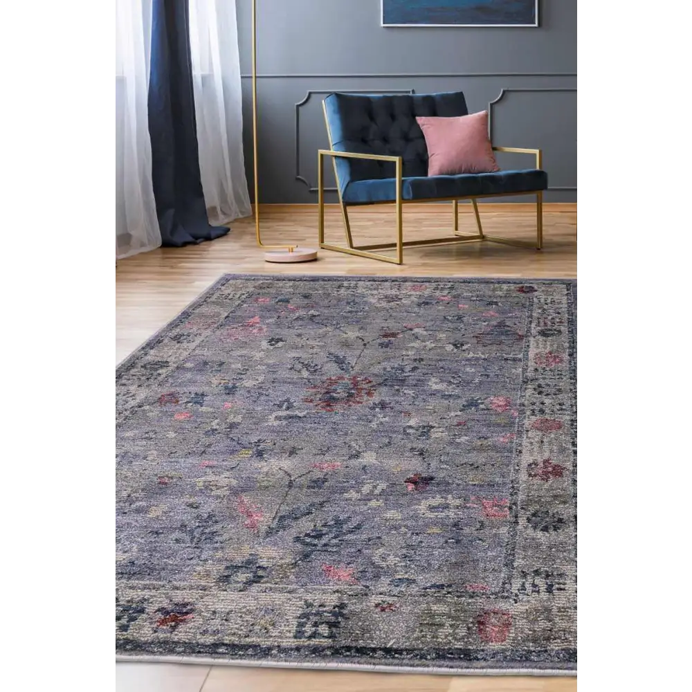 Traditional Floral Vintage Rug – Grey Blue & Beige Elegance - Rugs