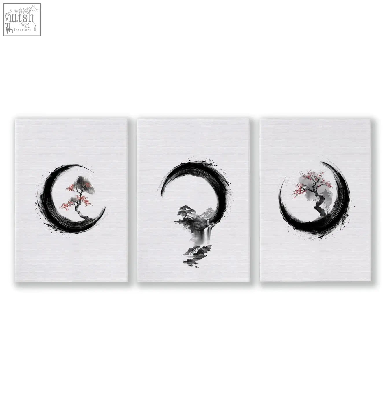 Set of three minimalist japanese wall art ink brush prints featuring stylized trees in black crescent shapes with red accents