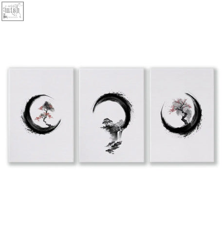 Set of three minimalist japanese wall art ink brush prints featuring stylized trees in black crescent shapes with red accents