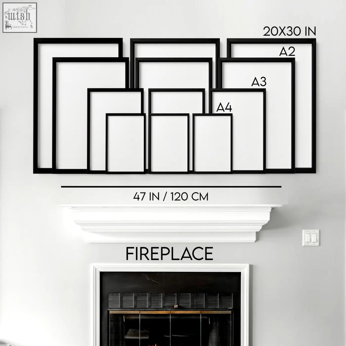 Set of 3 black minimalist picture frames with enso circle ink brush zen prints for japanese wall art above fireplace