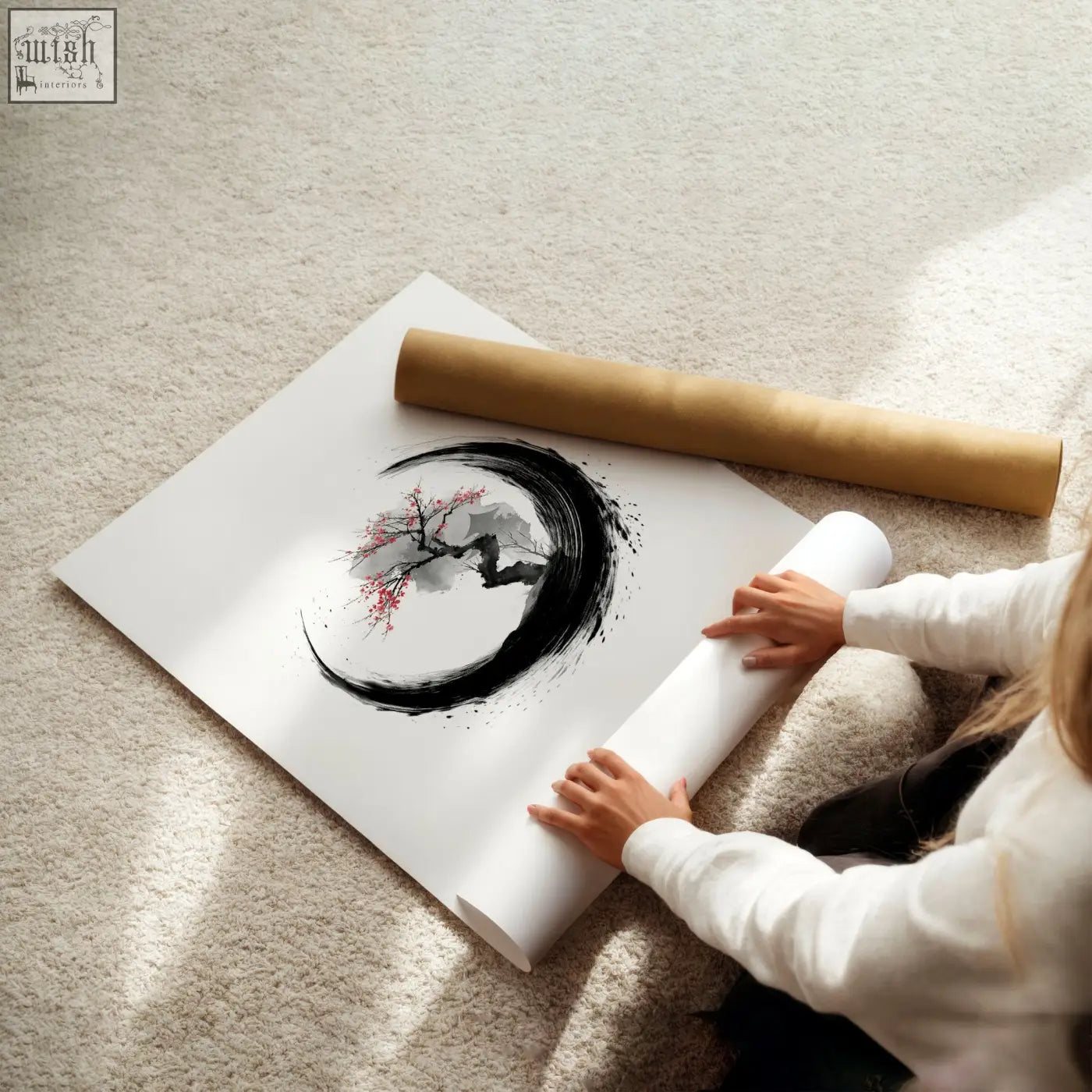 Minimalist black and red ink japanese wall art of a blossoming tree in a crescent moon on white paper print