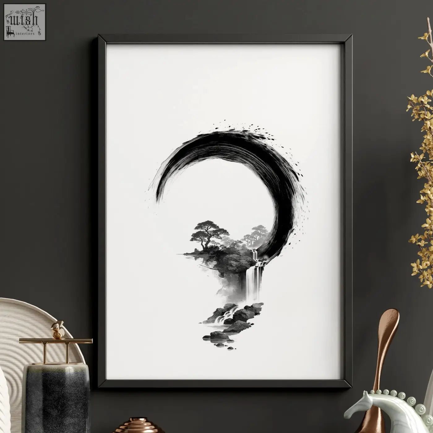 Black-framed minimalist ink wash japanese wall art featuring crescent brushstroke with serene trees and waterfalls