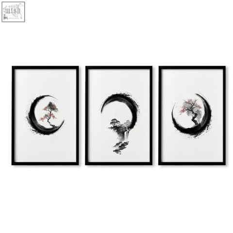 Set of three minimalist black-framed japanese wall art prints featuring ink wash landscapes with trees and crescent moon motifs