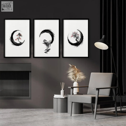 Three black-framed black and white ink wash japanese wall art with stylized trees inside crescent moons perfect for wall art