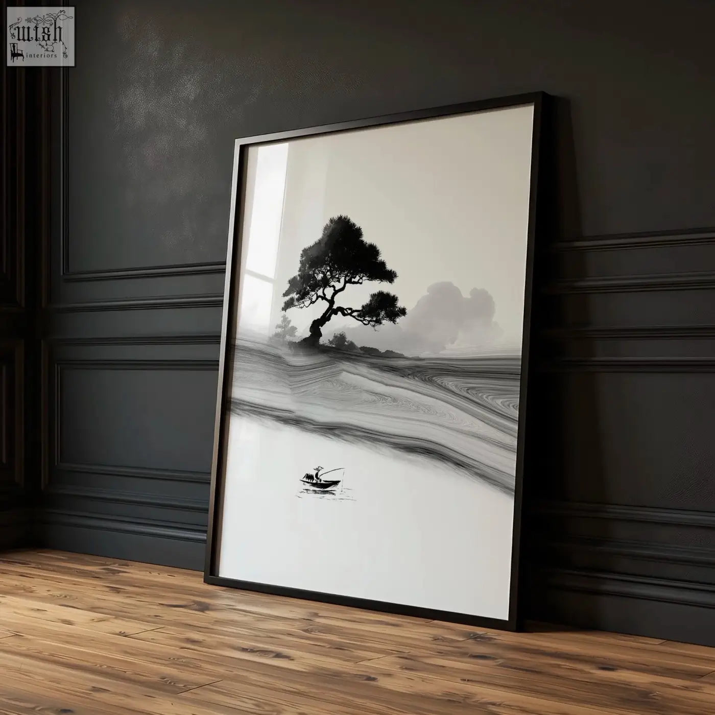 Black-framed traditional japanese wall art featuring a solitary tree and boat in monochrome ink wash with red moon