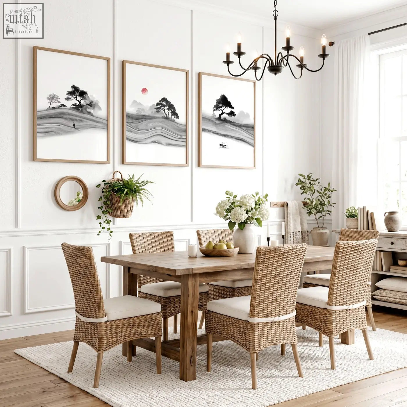Woven wicker dining chairs with cream cushioned seats paired with traditional japanese wall art ink landscape set of 3