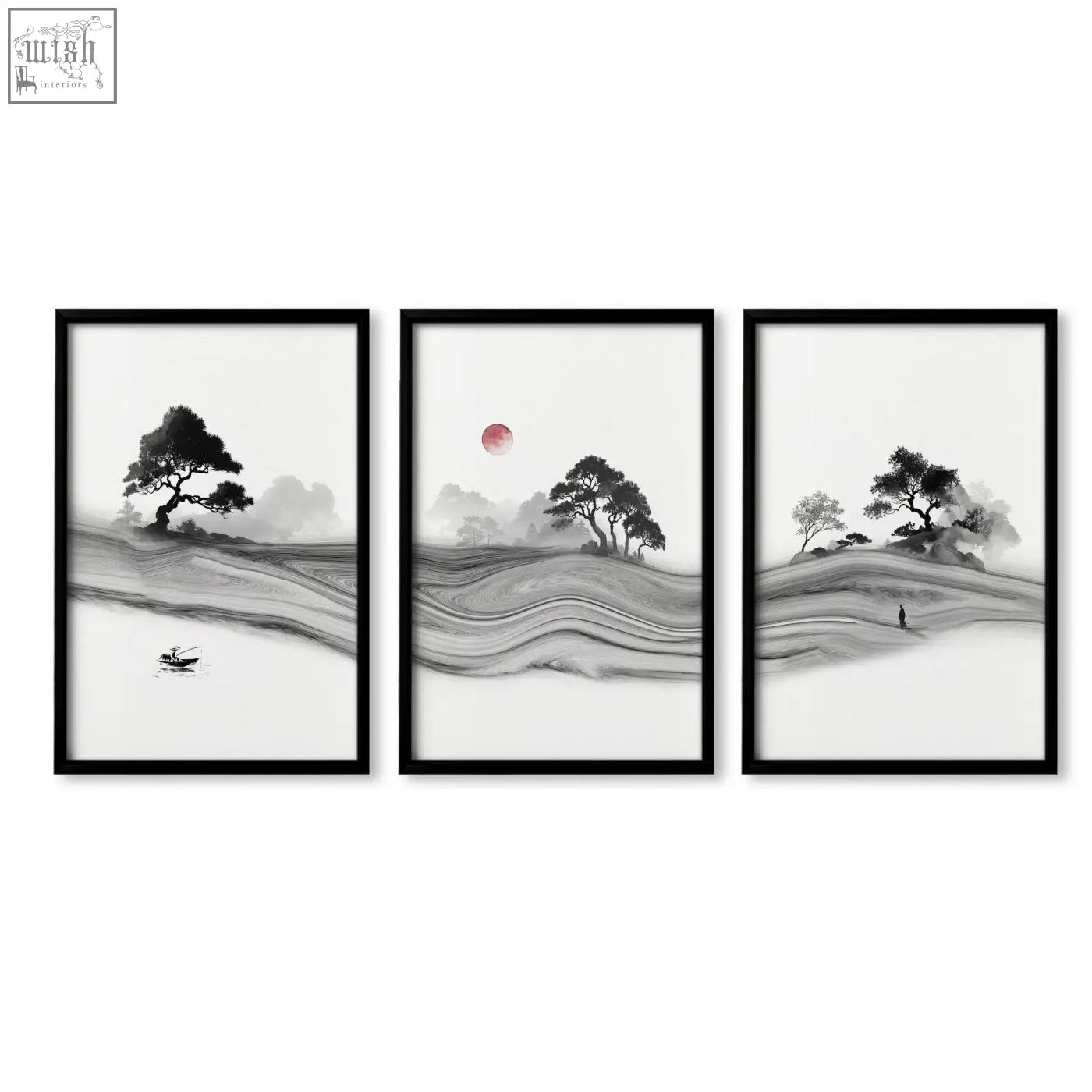 Set of 3 traditional japanese wall art ink wash prints in black and white with red moon perfect minimalist wall art