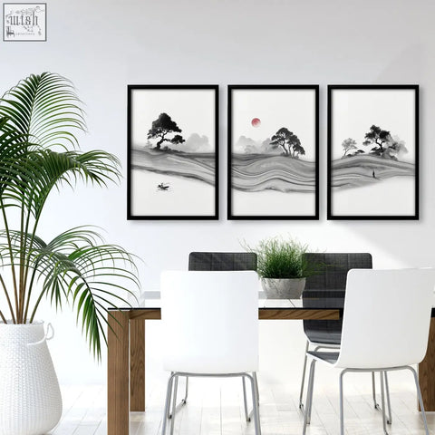 Three black-framed traditional japanese wall art ink landscape prints with red sun in minimalist black and white style