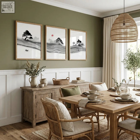 Woven rattan pendant light with natural textured weave and warm finish in traditional japanese wall art ink landscape set