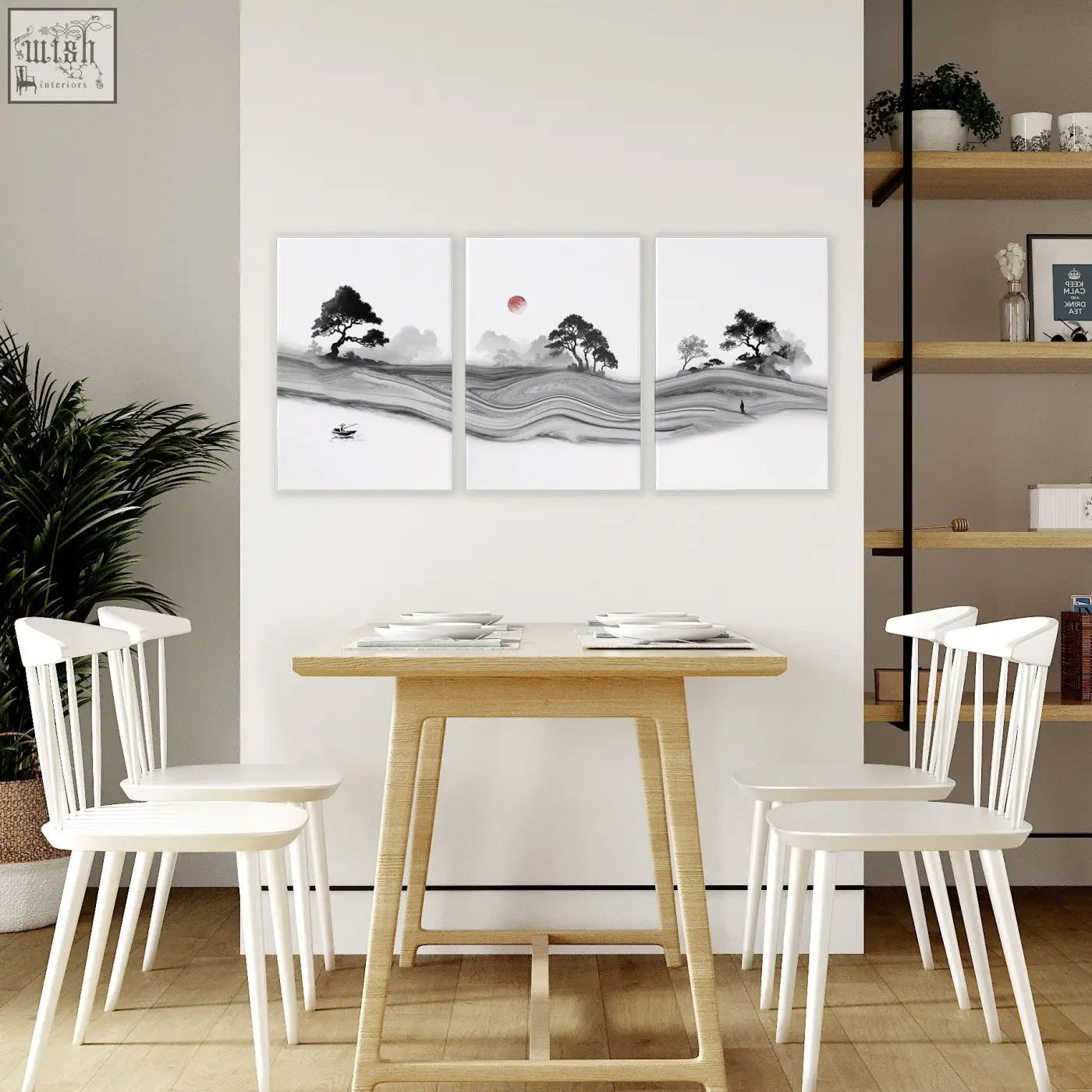 Three-panel traditional japanese wall art ink landscape with black and white trees misty hills and red sun on canvas