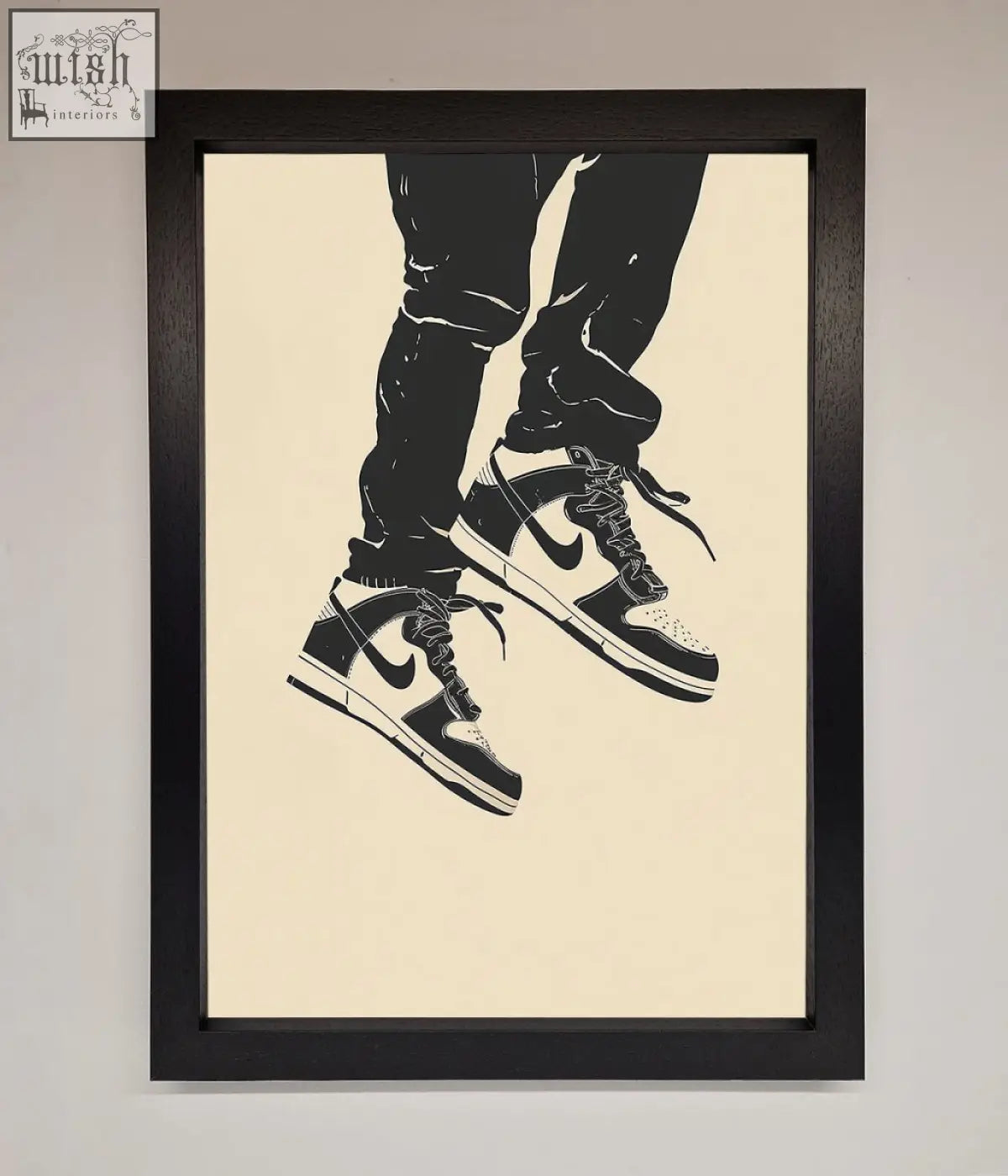 Black and white nike dunk low trainers bouncing framed wall art with classic swoosh in stylized graphic print