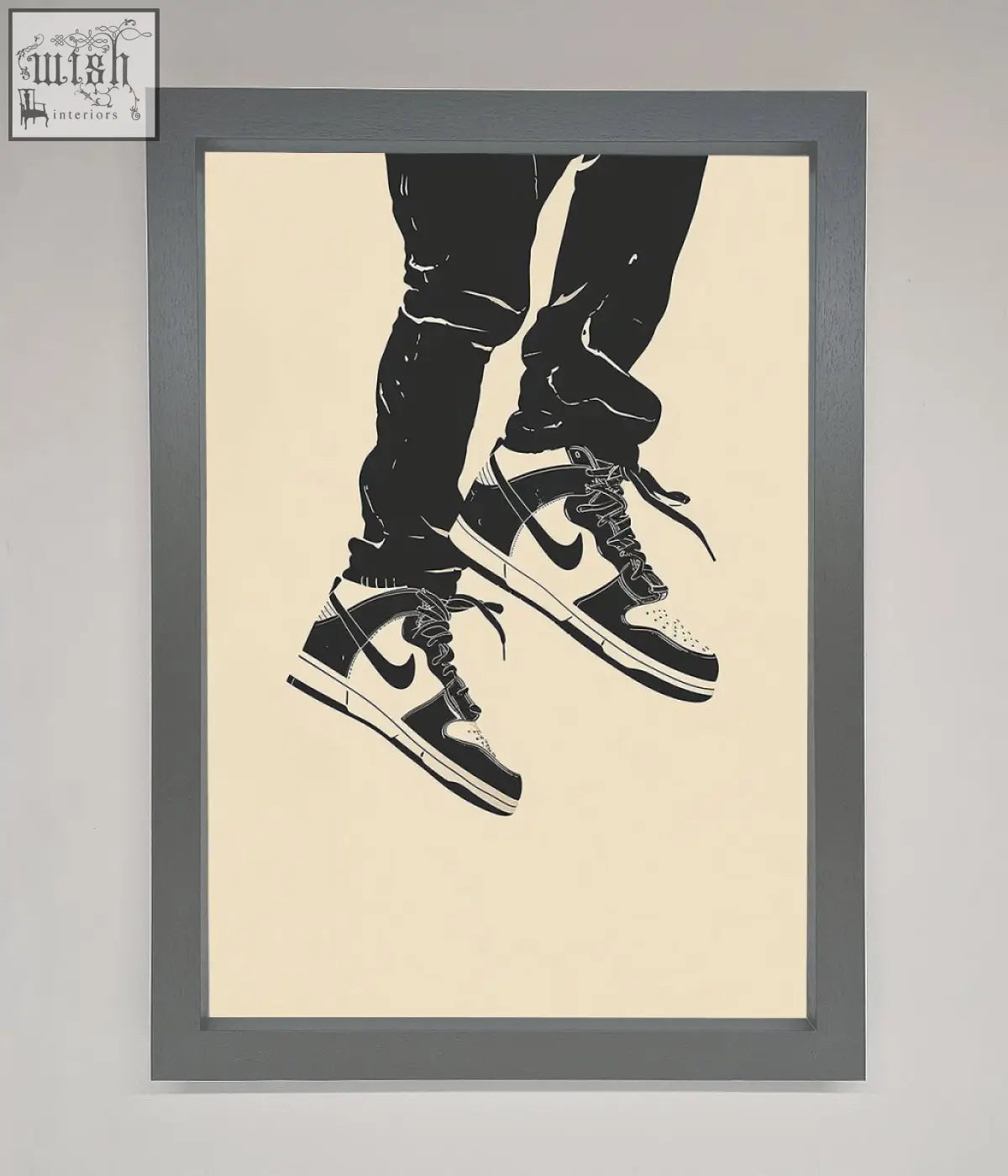 Black and white nike dunk low trainers bouncing framed wall art with classic swoosh in stylized graphic print