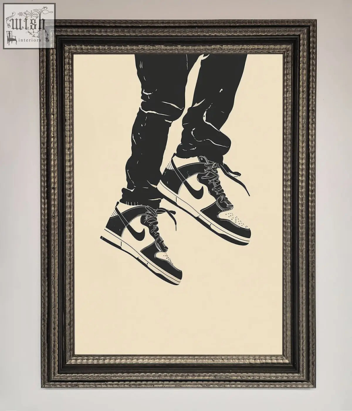 Black and white nike dunk low trainers bouncing framed wall art with classic high-top design in ornate frame