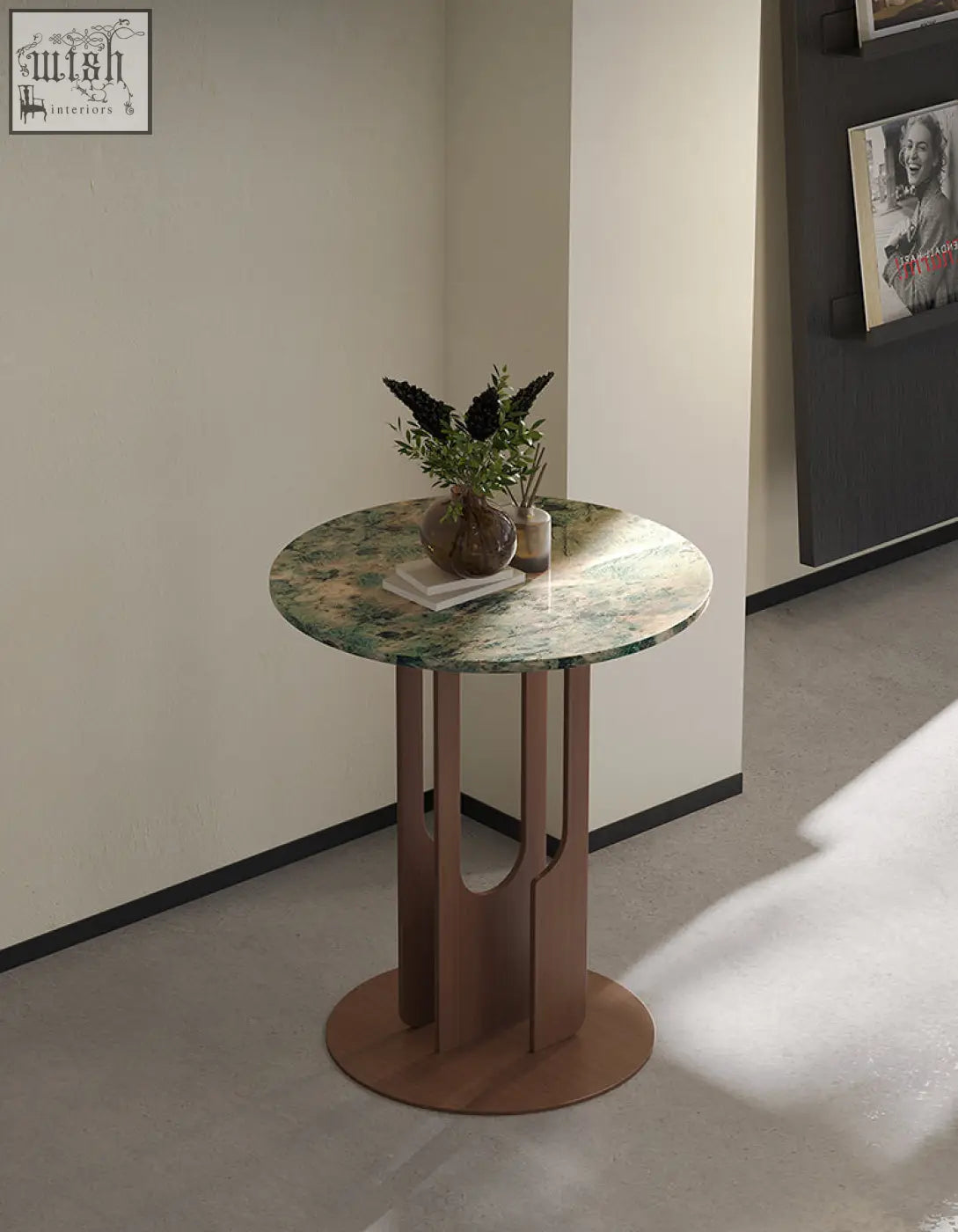 Circular tran side table with green marble top and copper metal base offers financing and low shipping cost options