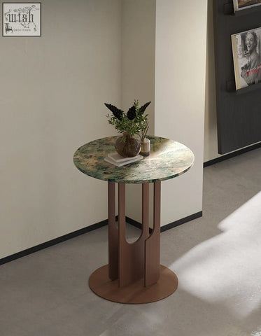 Circular tran side table with green marble top and copper metal base offers financing and low shipping cost options