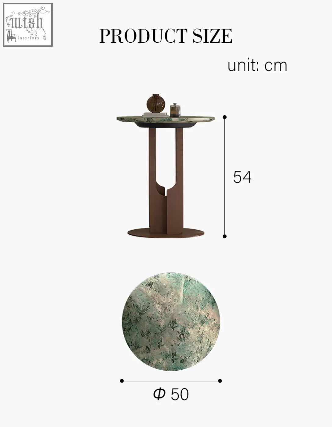 Tran side table marble with a 50 cm green beige marble top and brown metal legs offering low shipping cost and financing