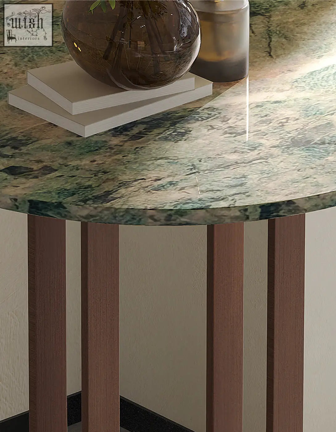 The tran side table features a round green and beige marble top with slender wooden legs and affordable shipping cost options