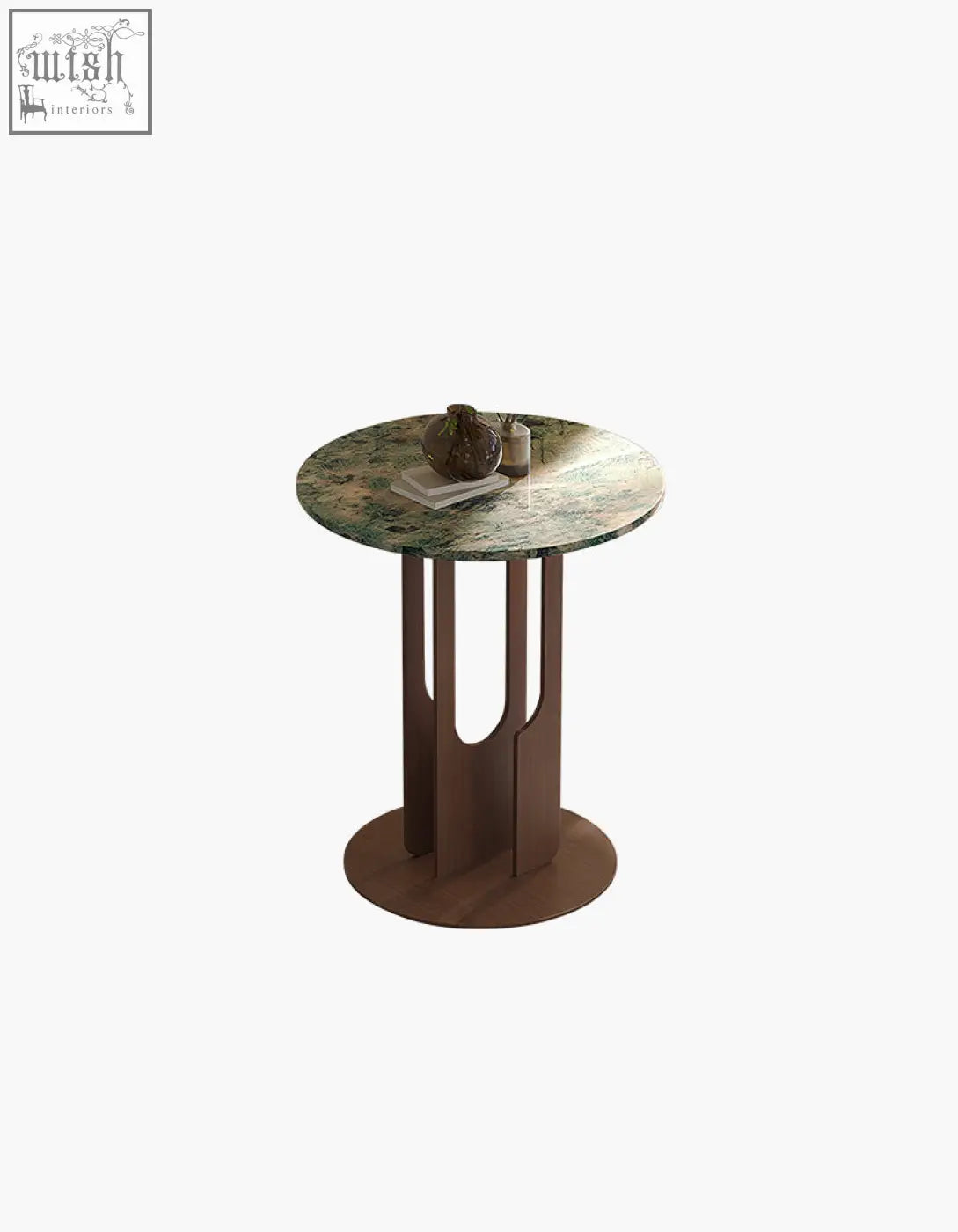 Round green marble-top tran side table with dark brown wooden legs and circular base check shipping cost and offer financing