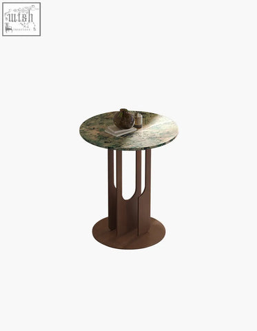 Round green marble-top tran side table with dark brown wooden legs and circular base check shipping cost and offer financing