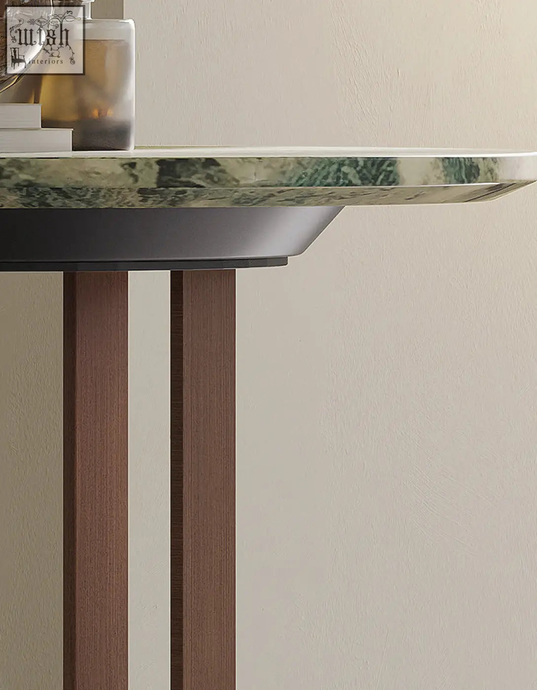 Sleek tran side table with green marble top and dark wood legs available with offer financing and low shipping cost