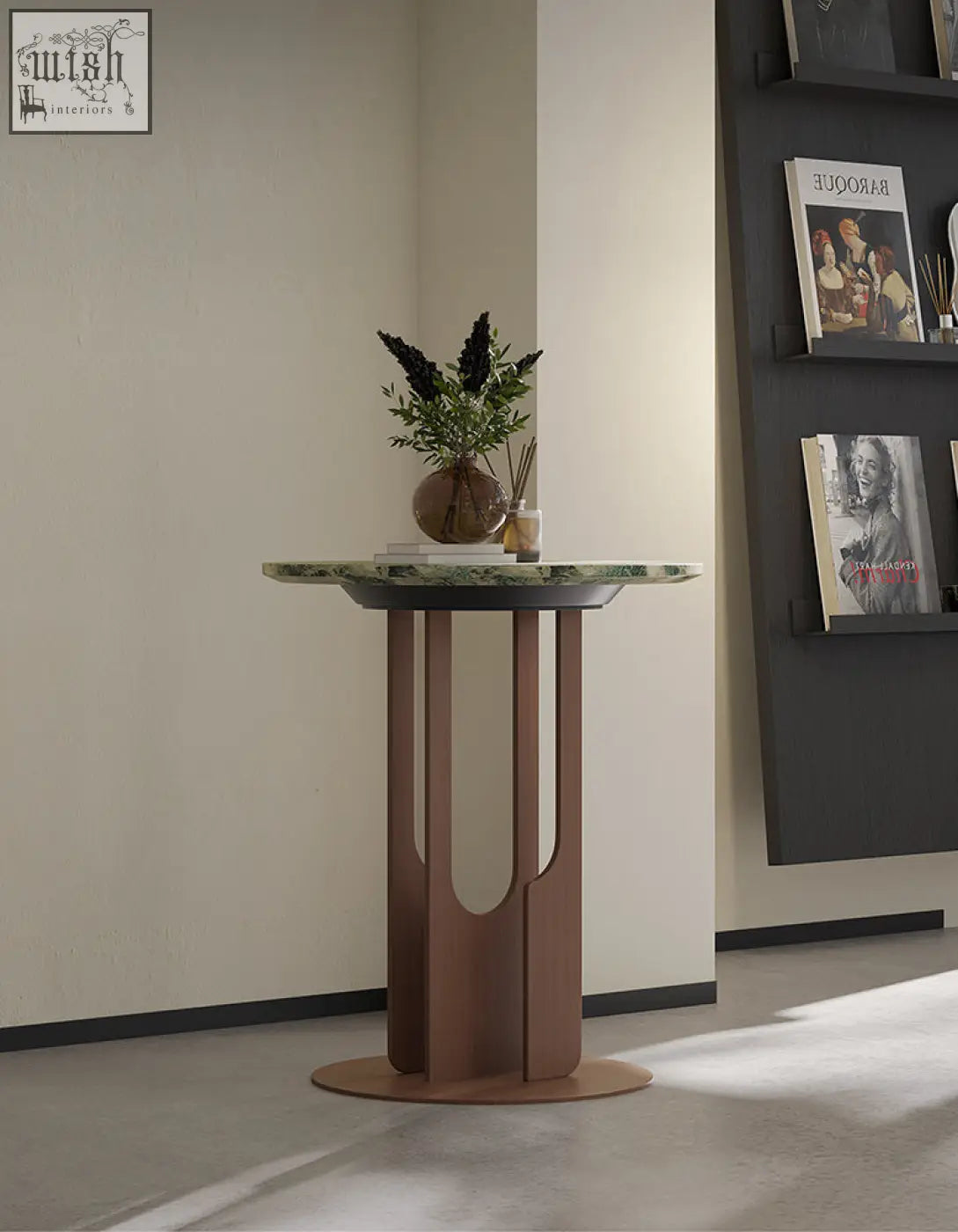 Tran side table with green marble top and bronze metal legs features vertical cutouts offer financing and low shipping cost