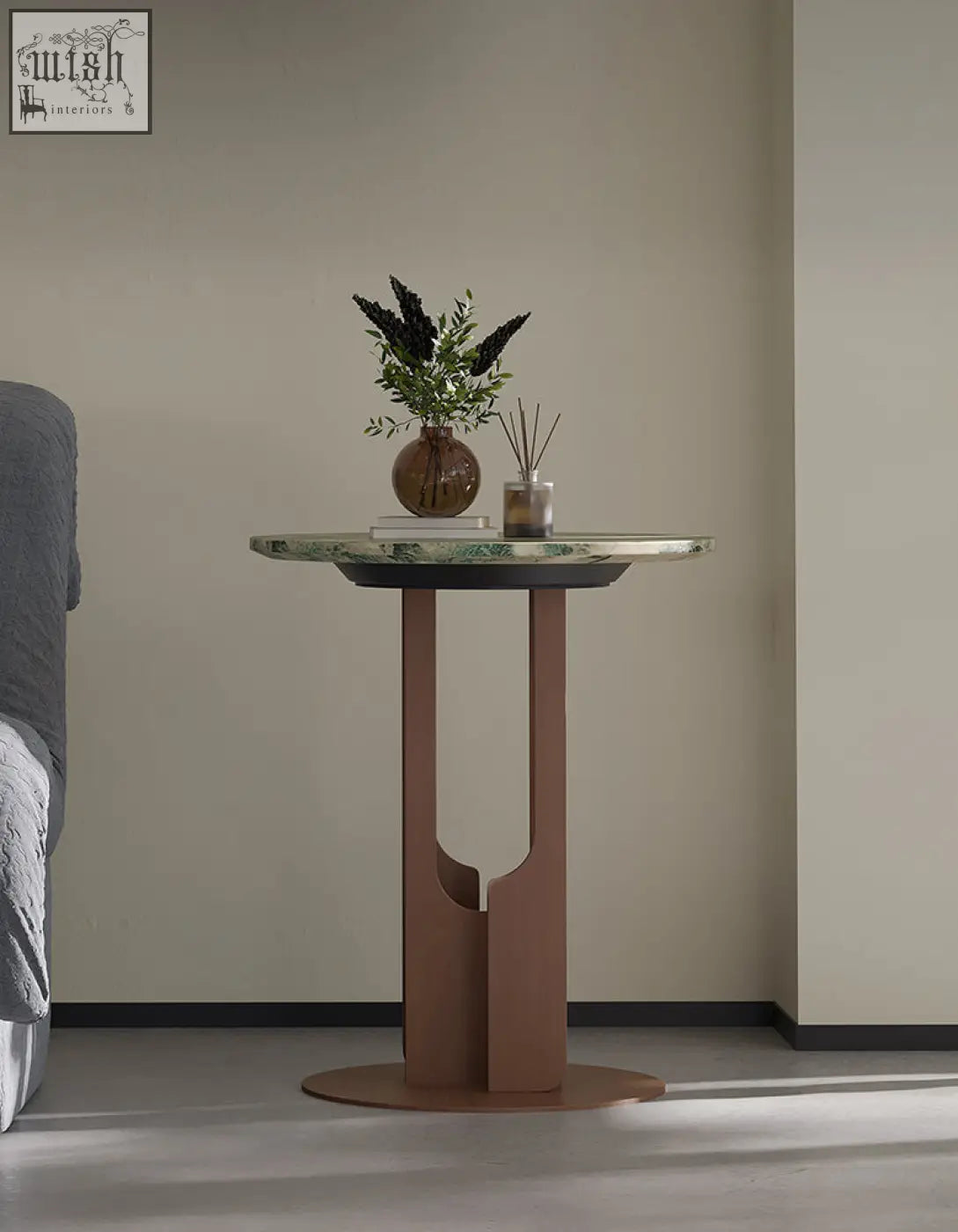 Tran side table with green and white marble top and rust metal legs featuring cutout design with offer financing