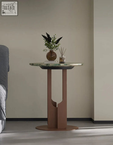 Tran side table with green and white marble top and rust metal legs featuring cutout design with offer financing
