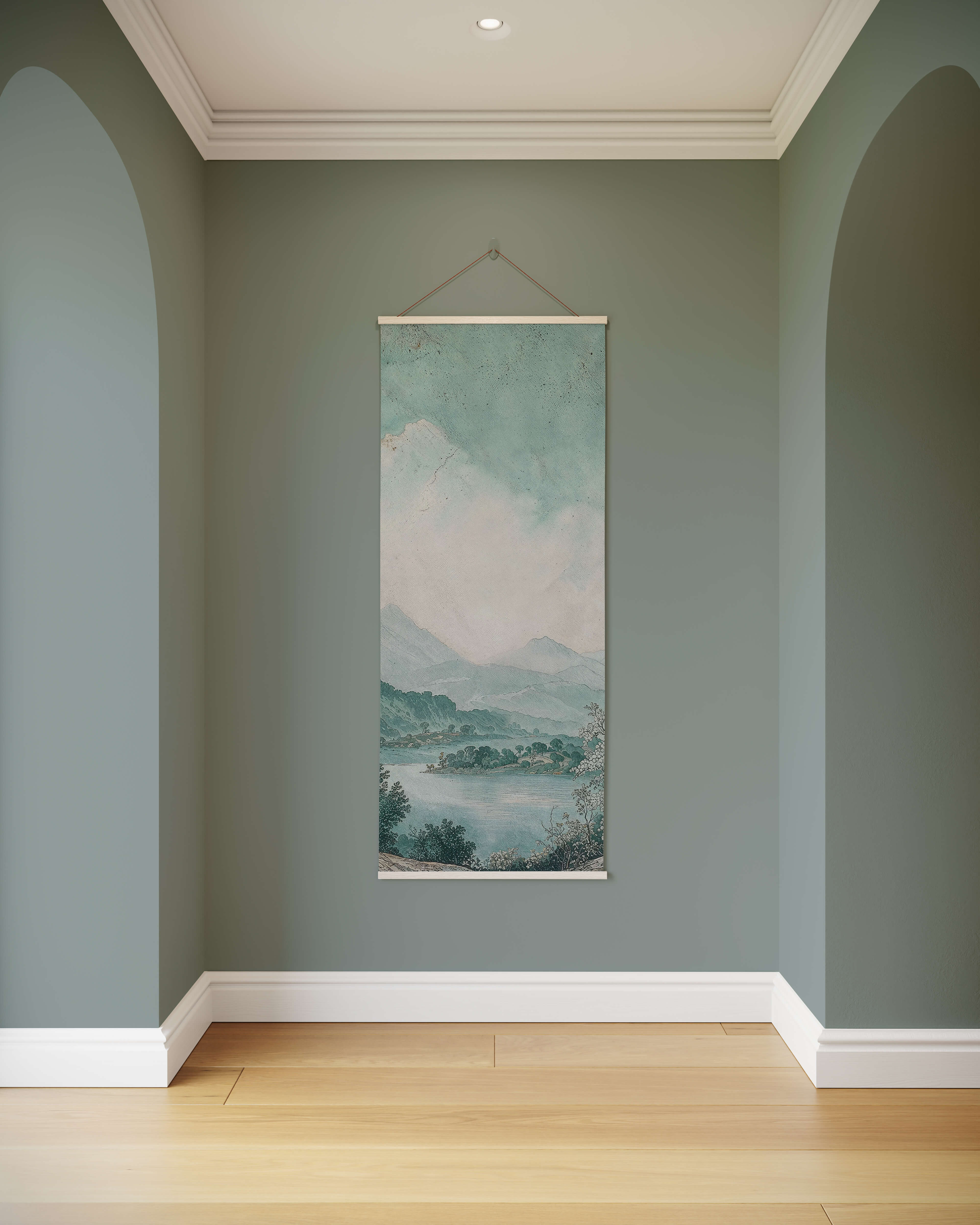 A tranquil lake tapestry featuring a vertical hanging scroll with soft teal and muted green watercolor mountains and lakes