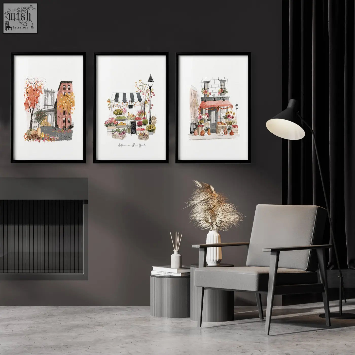 Three framed watercolor travel art prints of autumn in new york city scenes hang on a dark gray wall