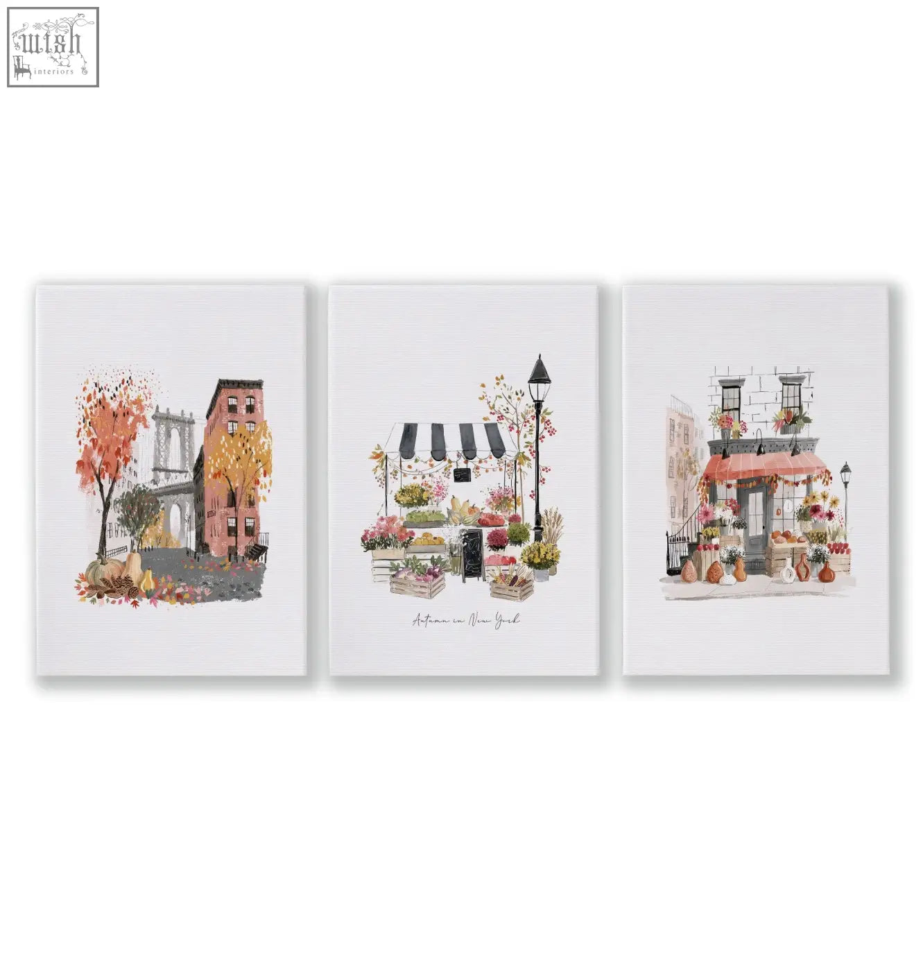 Set of three travel art prints featuring autumn manhattan cityscapes with warm tones on white canvas