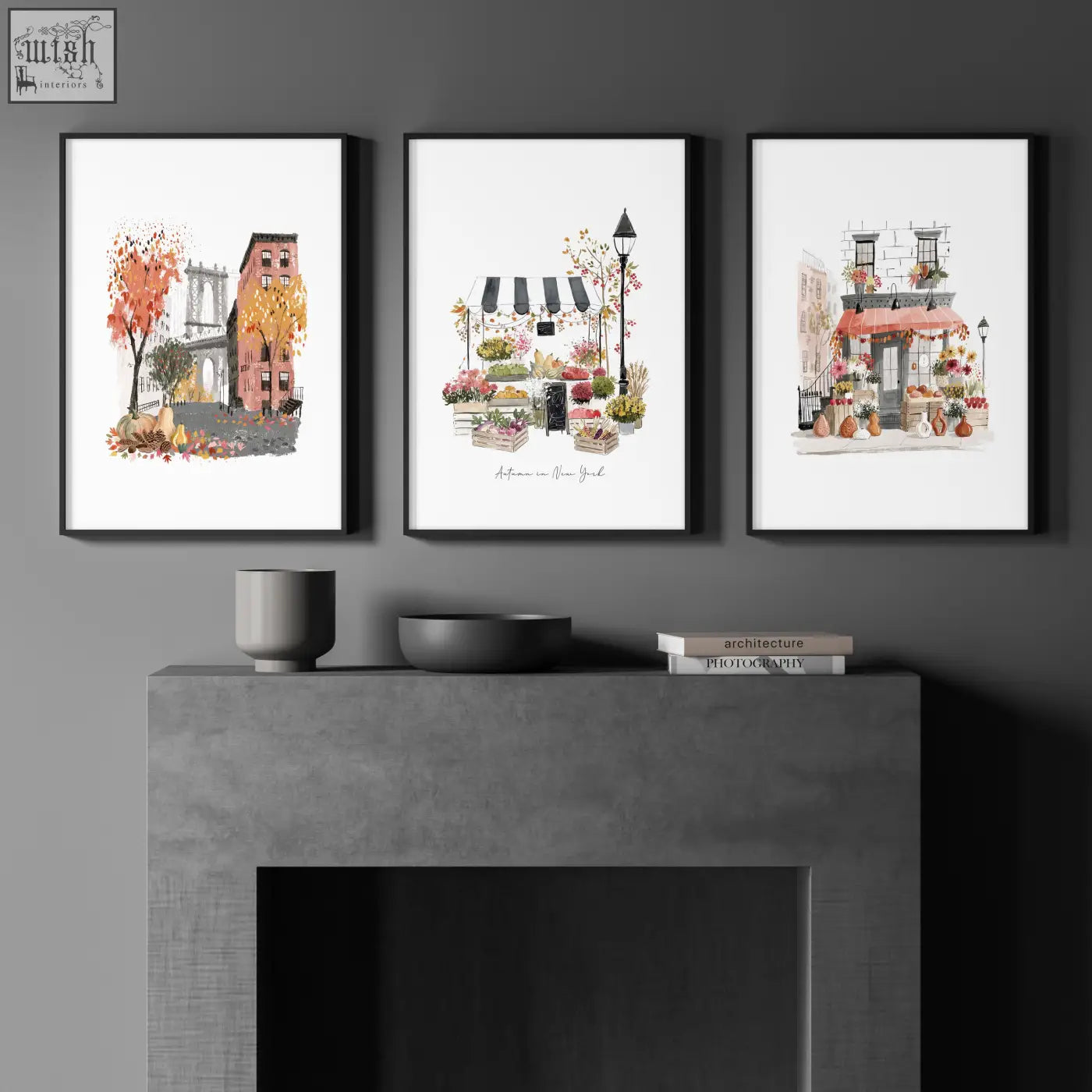 Three framed autumn in new york travel art prints above a gray concrete fireplace mantel perfect for nyc decor