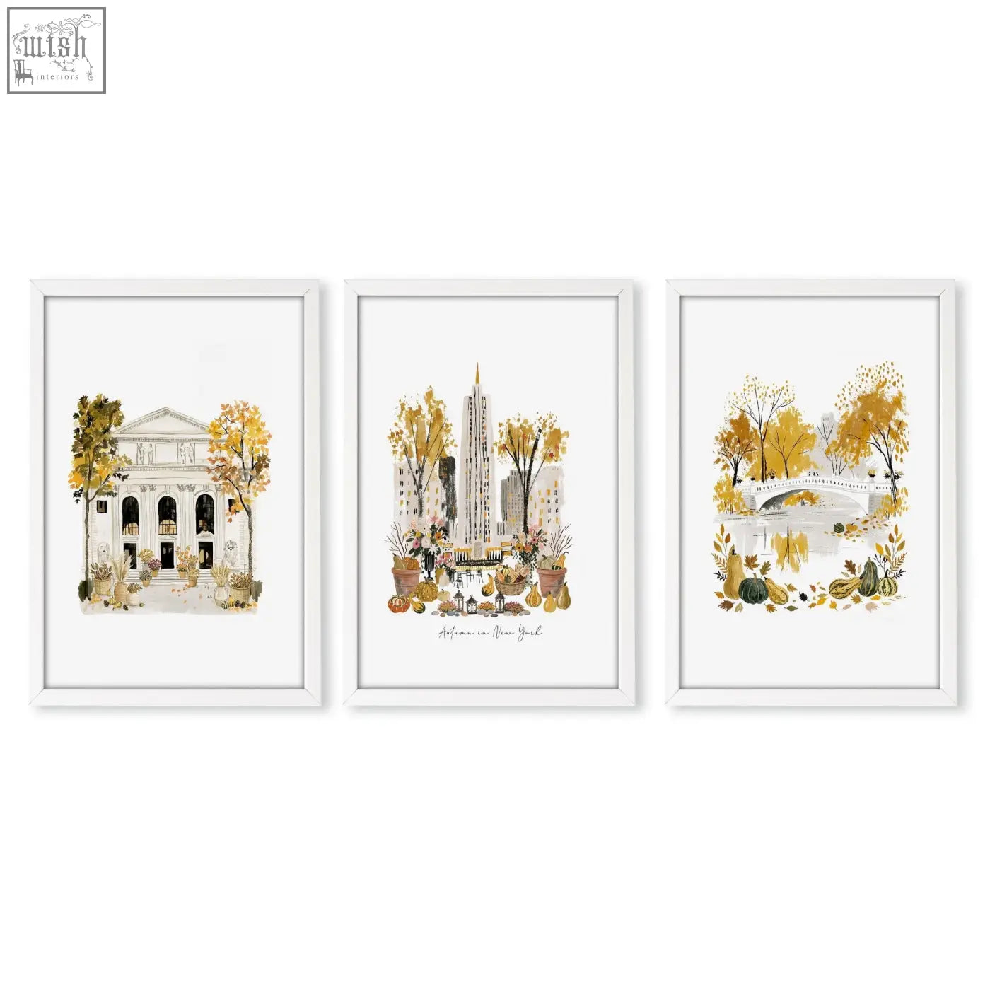 Set of three white-framed travel poster art prints featuring autumn scenes of new york central park and empire state