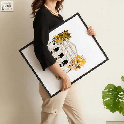 Black-framed travel poster art prints featuring empire state building with yellow autumn trees in new york central park