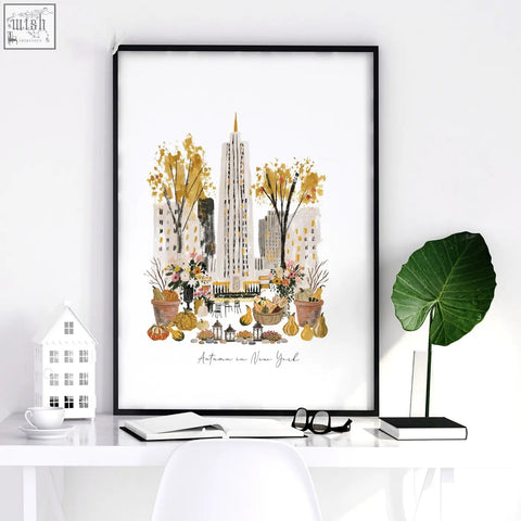 Black-framed travel poster art prints of autumn in new york city with empire state golden trees pumpkins and florals
