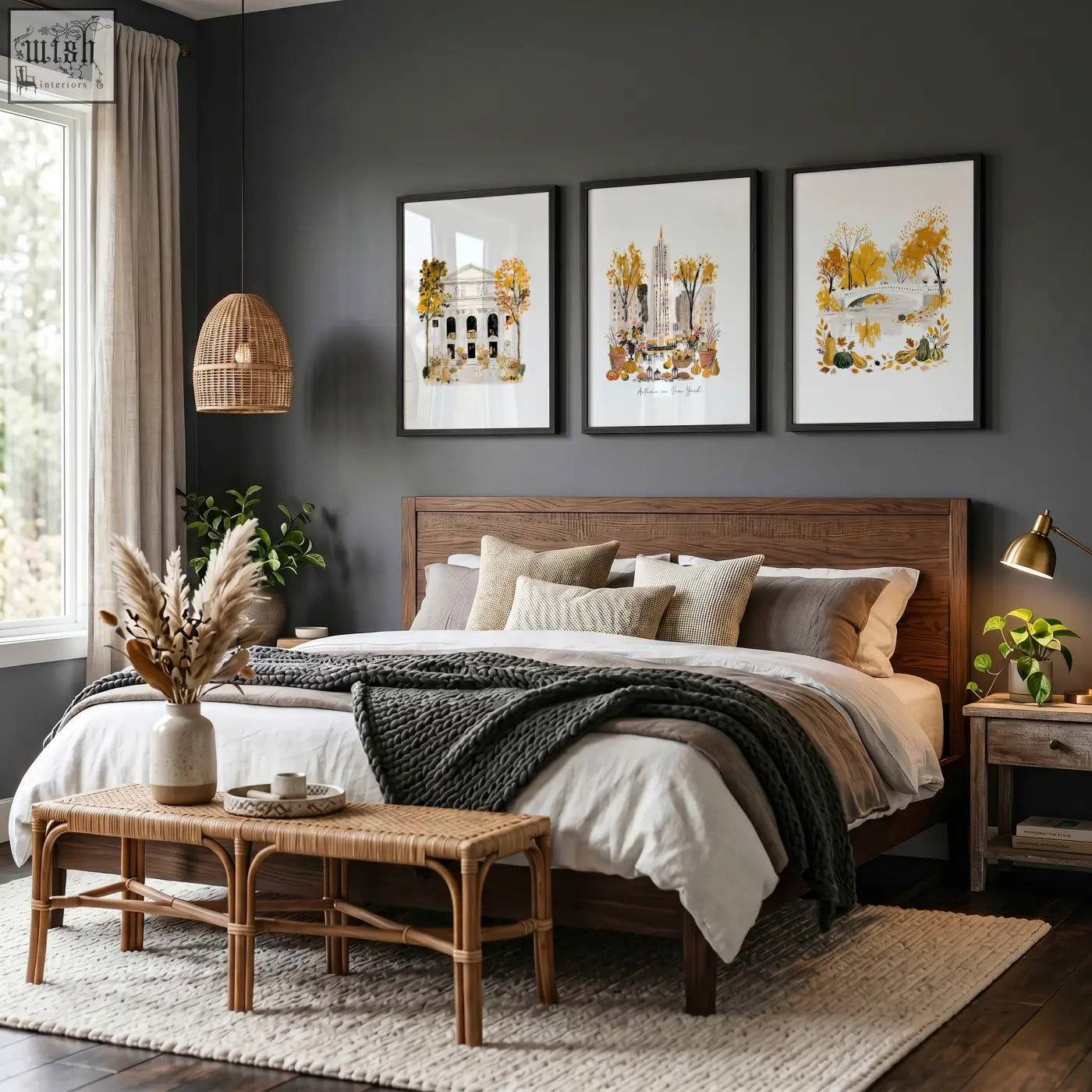 Rustic wooden bed with dark brown finish and woven rattan headboard next to travel poster art prints of empire state autumn in new york