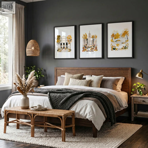 Rustic wooden bed with dark brown finish and woven rattan headboard next to travel poster art prints of empire state autumn in new york