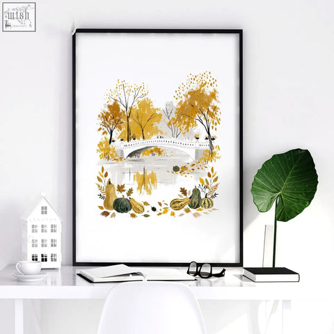 Black-framed travel poster with autumn new york scene featuring empire state golden trees bridge and pumpkins art prints