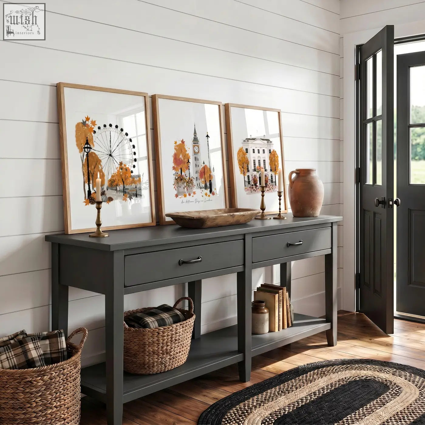 Dark gray painted console table with two drawers and rustic wooden top for travel room decor london autumn prints