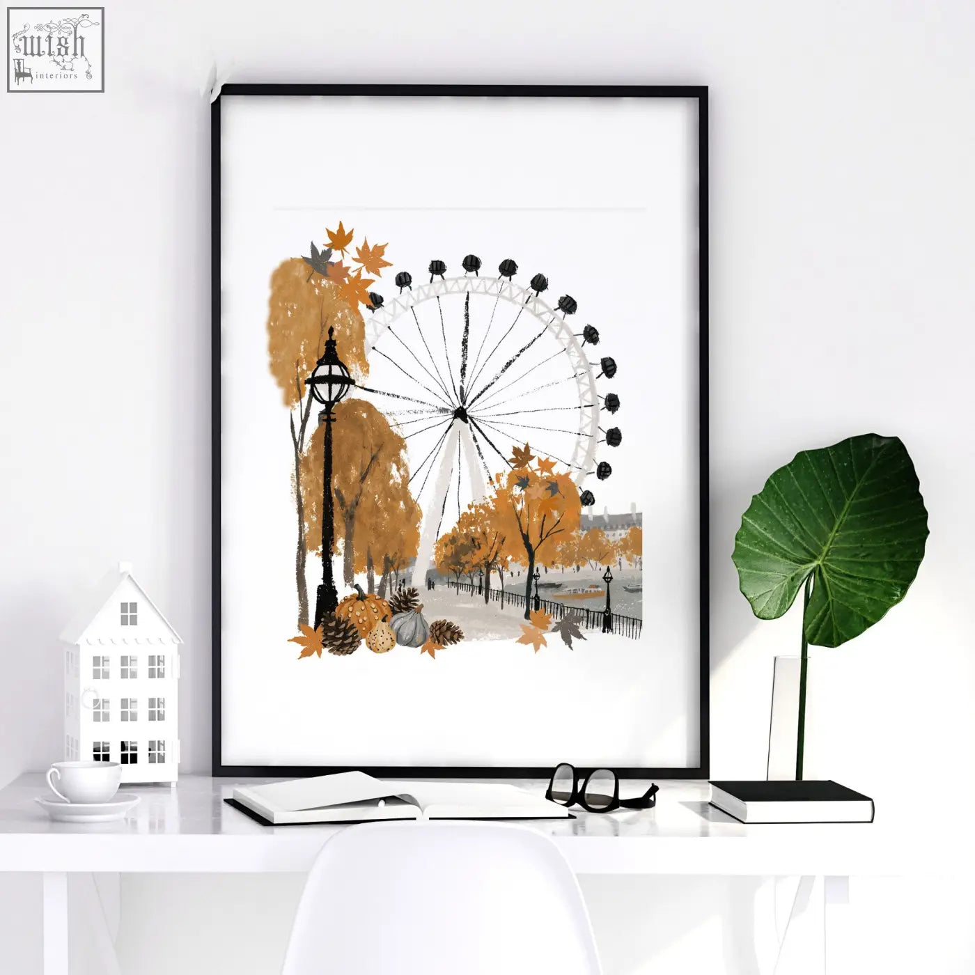 Black-framed autumn day in london travel room decor featuring ferris wheel with orange trees pinecones and pumpkins