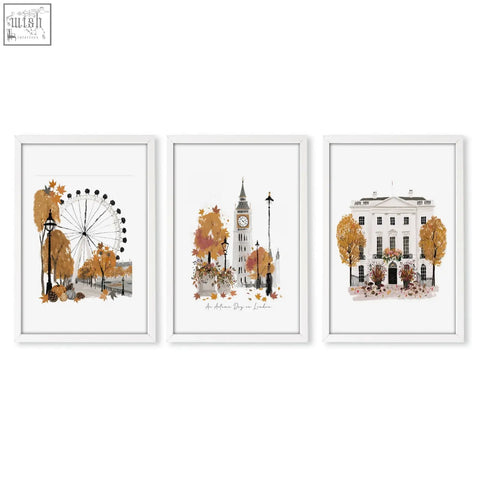 Set of three framed watercolor prints featuring autumn london landmarks for travel room decor with warm tones