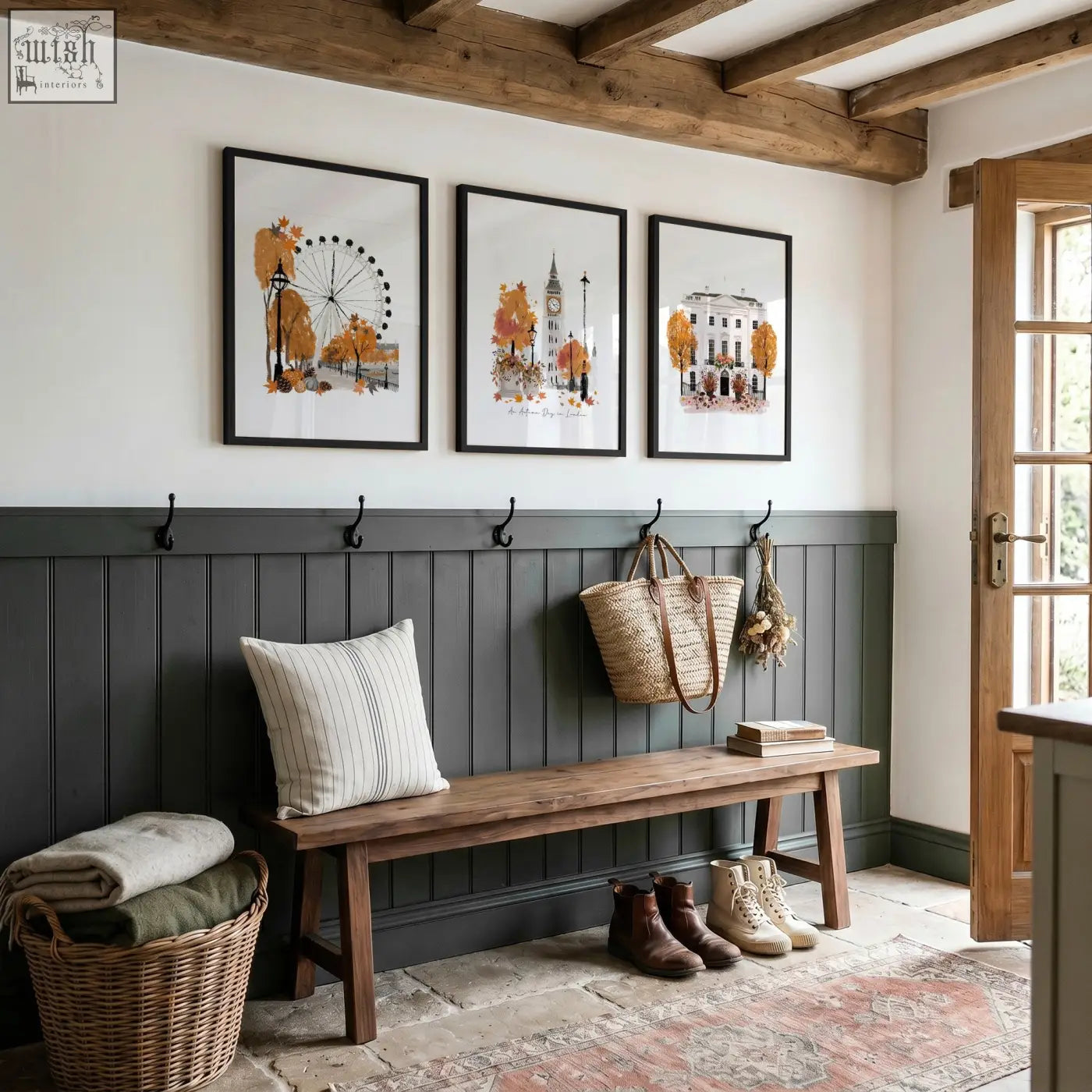 Rustic wooden bench with dark gray paneling and striped pillow in travel room decor featuring autumn london wall art prints