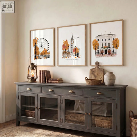 Dark gray wooden sideboard with glass-paneled doors and brass handles perfect for travel room decor in london autumn style