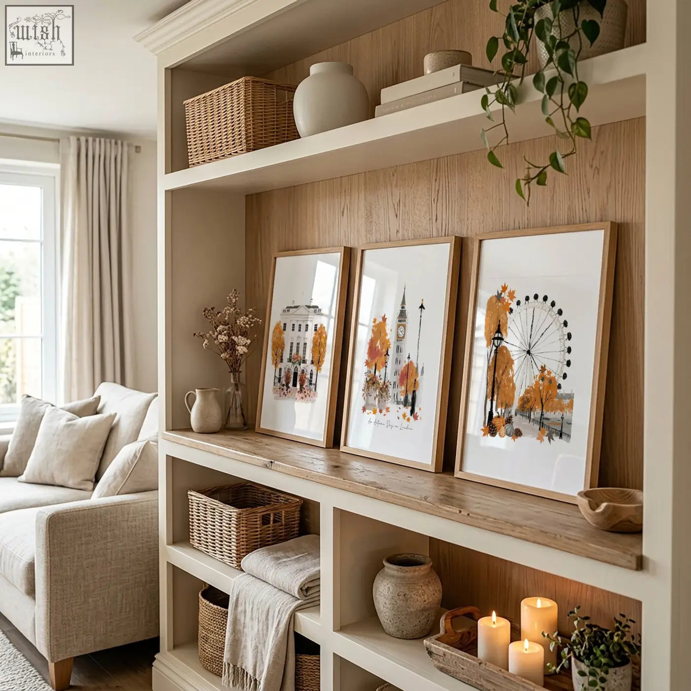 Three framed autumnal london cityscape watercolor prints in light wood frames perfect for travel room decor